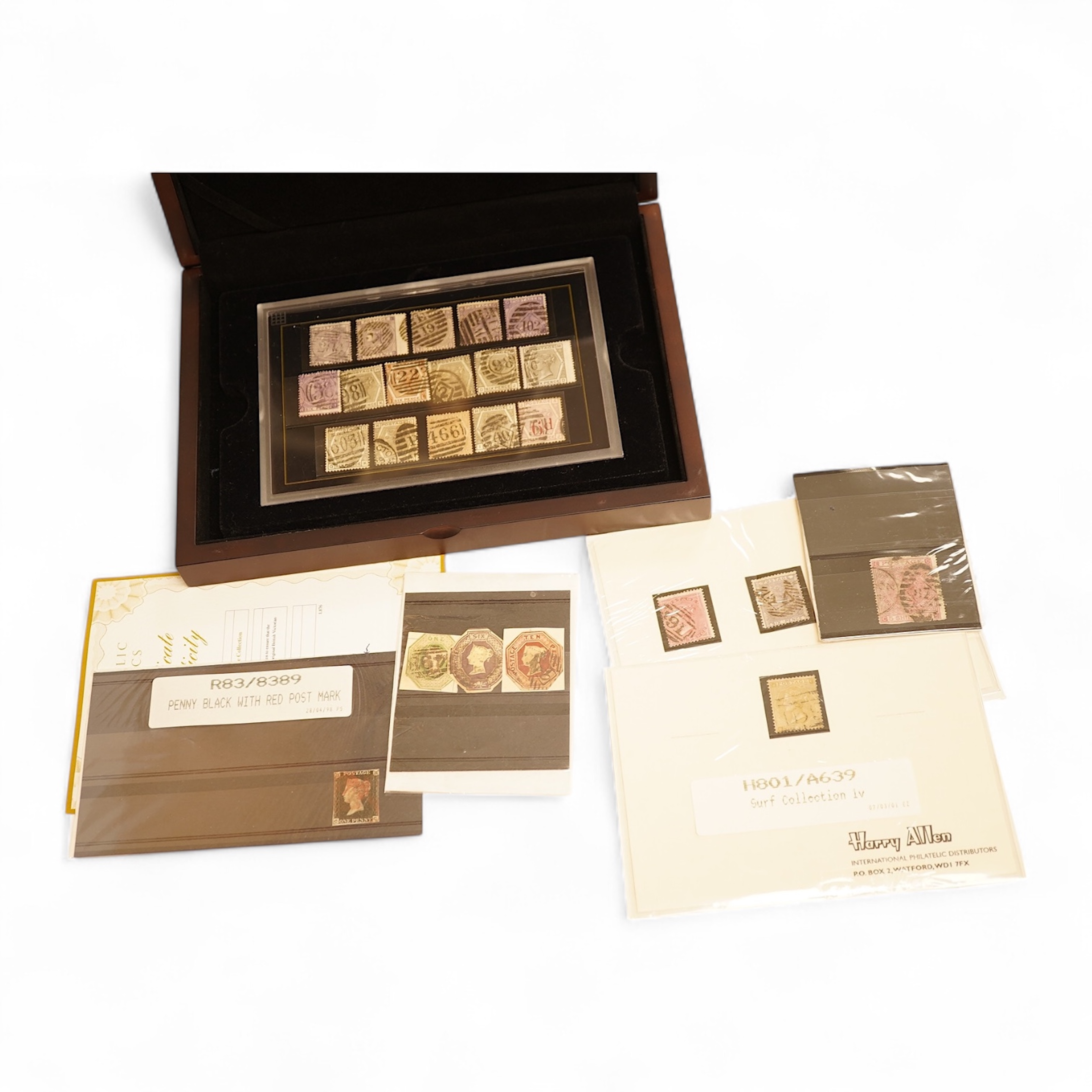A cased set of The Complete 6d Colour and Plate Collection, issued by Westminster Philatelic Classics, together with a Penny Black with red postmark, a 5 Shilling stamp, etc.